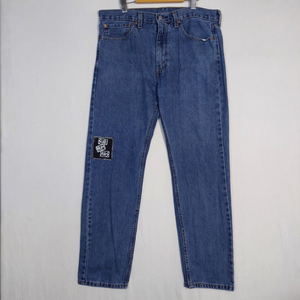 Levis 505 Straight Leg Jeans Mens 35x32 Blue Denim Custom Punk Patch 00505-4891